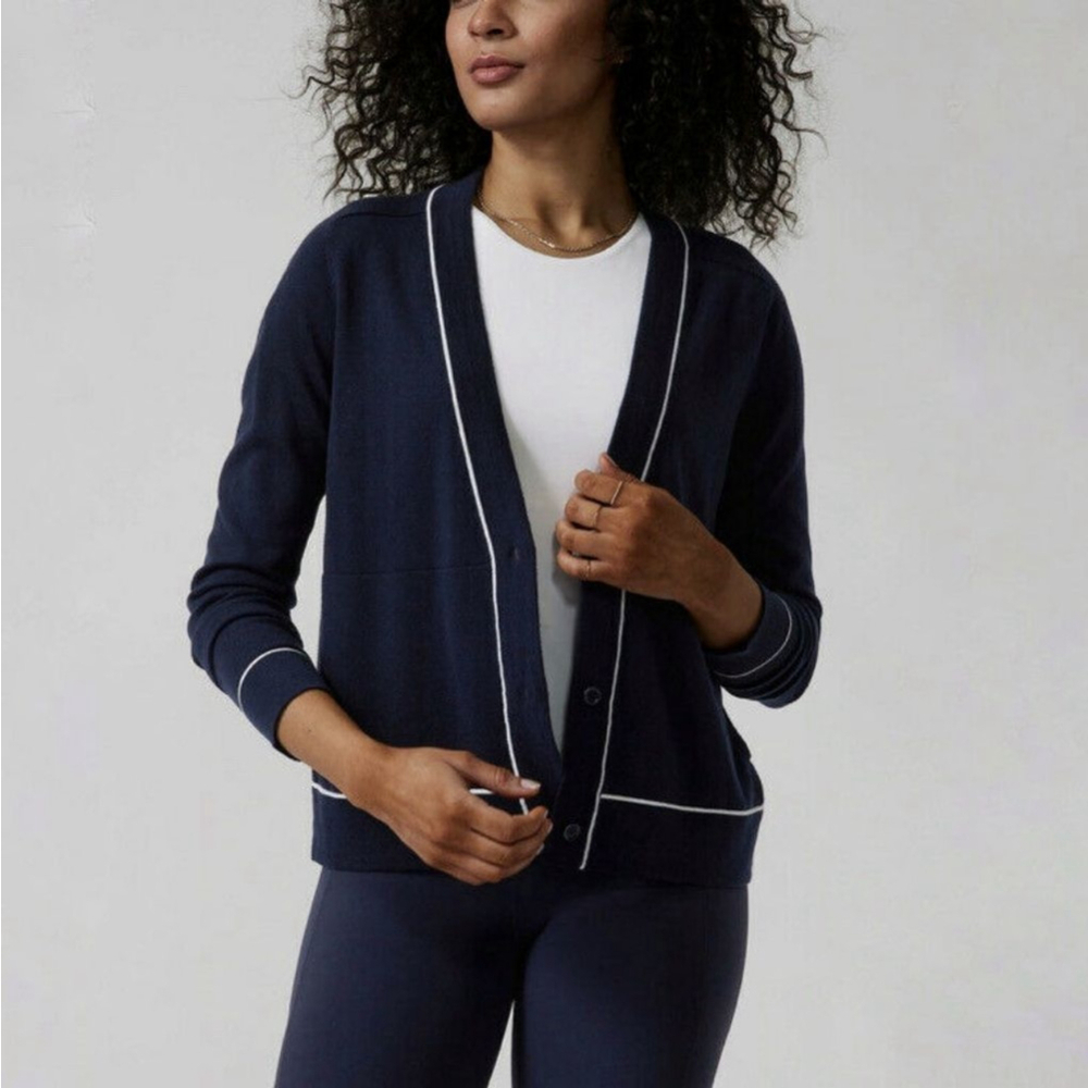 Athleta Lightweight Cardigan sweater navy blue white women's size medium